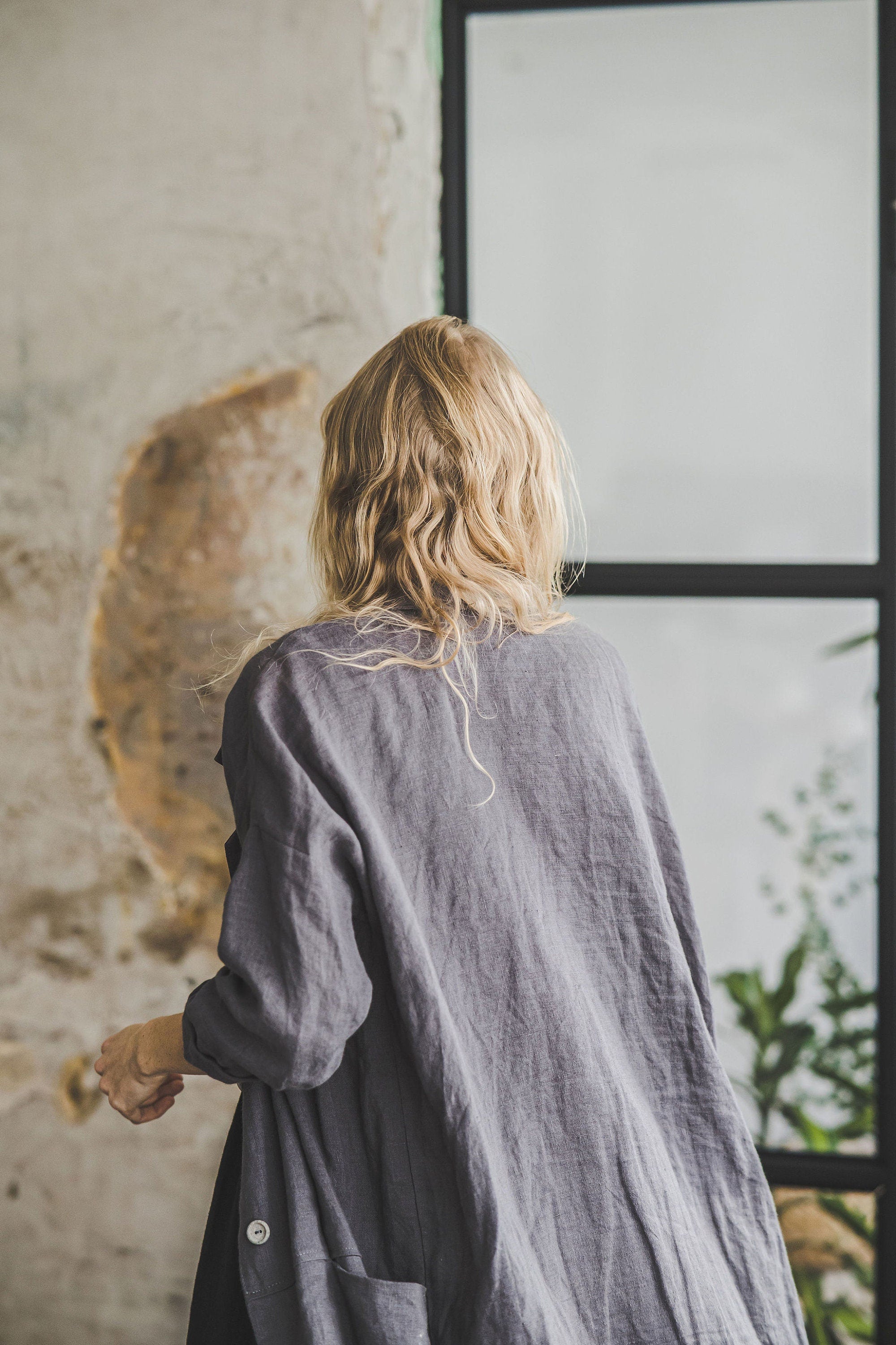 Oversized Linen Blazer with Pockets: Loose Fit Cardigan