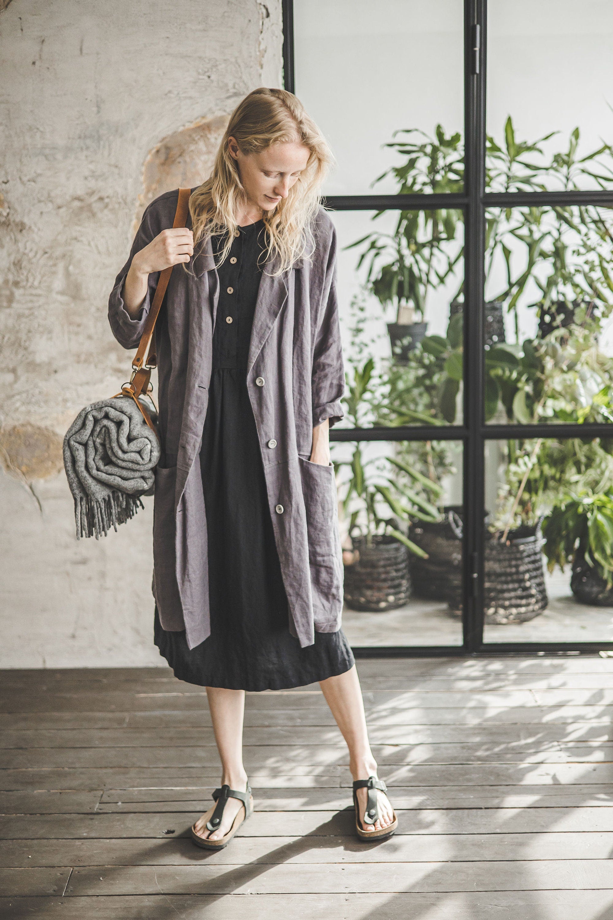 Oversized Linen Blazer with Pockets: Loose Fit Cardigan