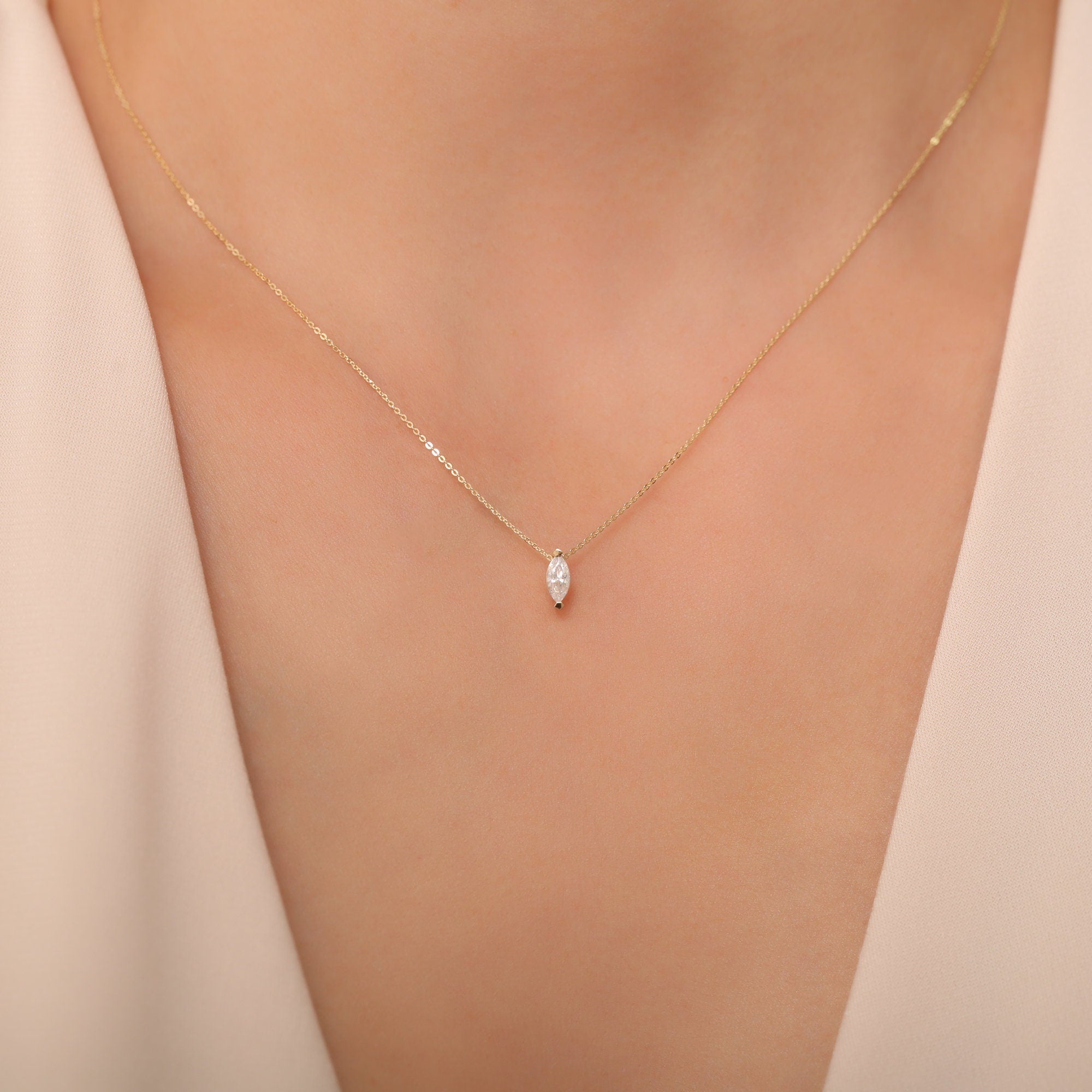 Personalized 14K 10K Solid Gold Marquise Birthstone Necklace