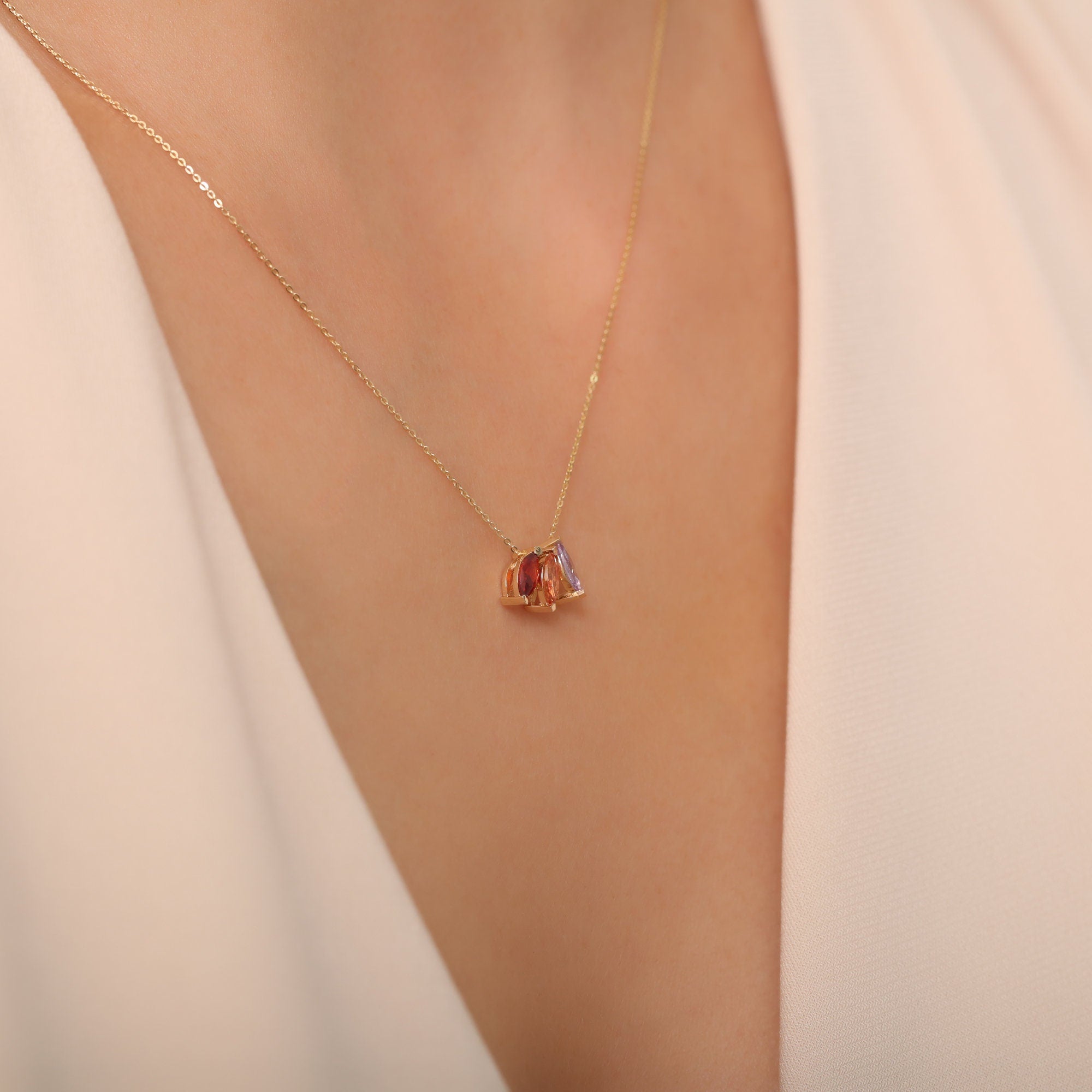 Personalized 14K 10K Solid Gold Marquise Birthstone Necklace