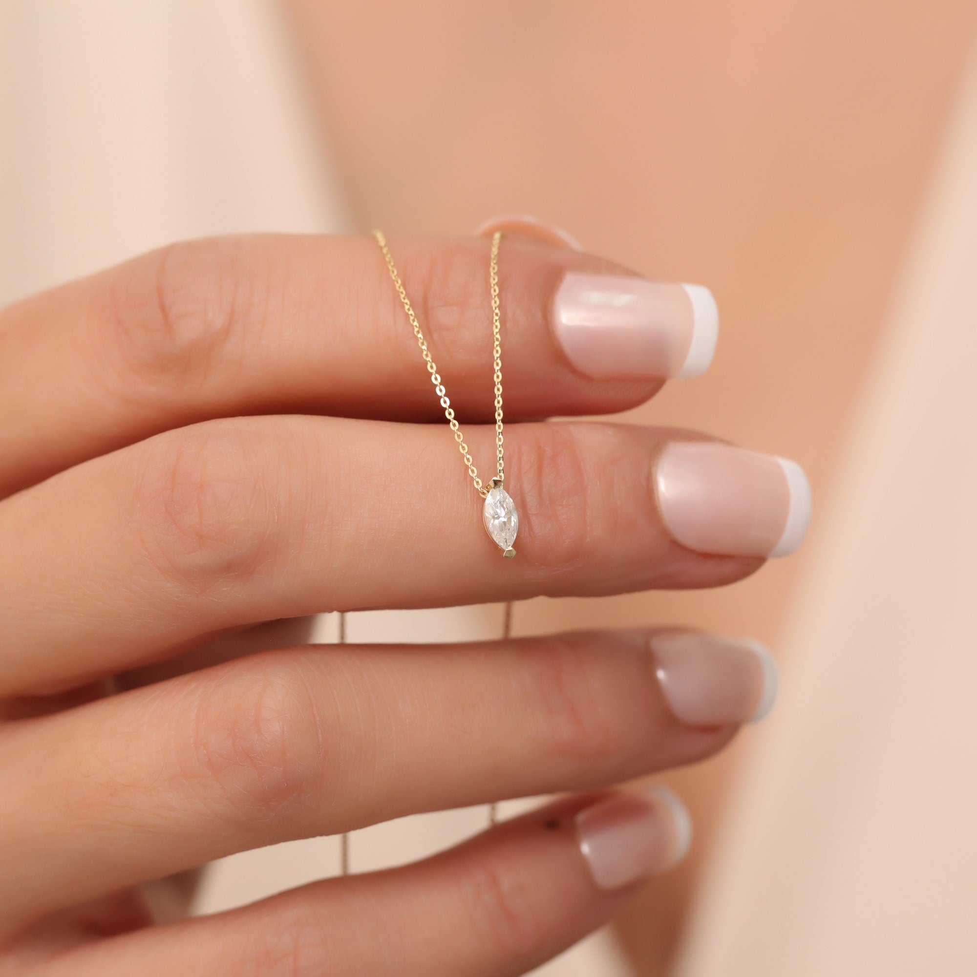 Personalized 14K 10K Solid Gold Marquise Birthstone Necklace