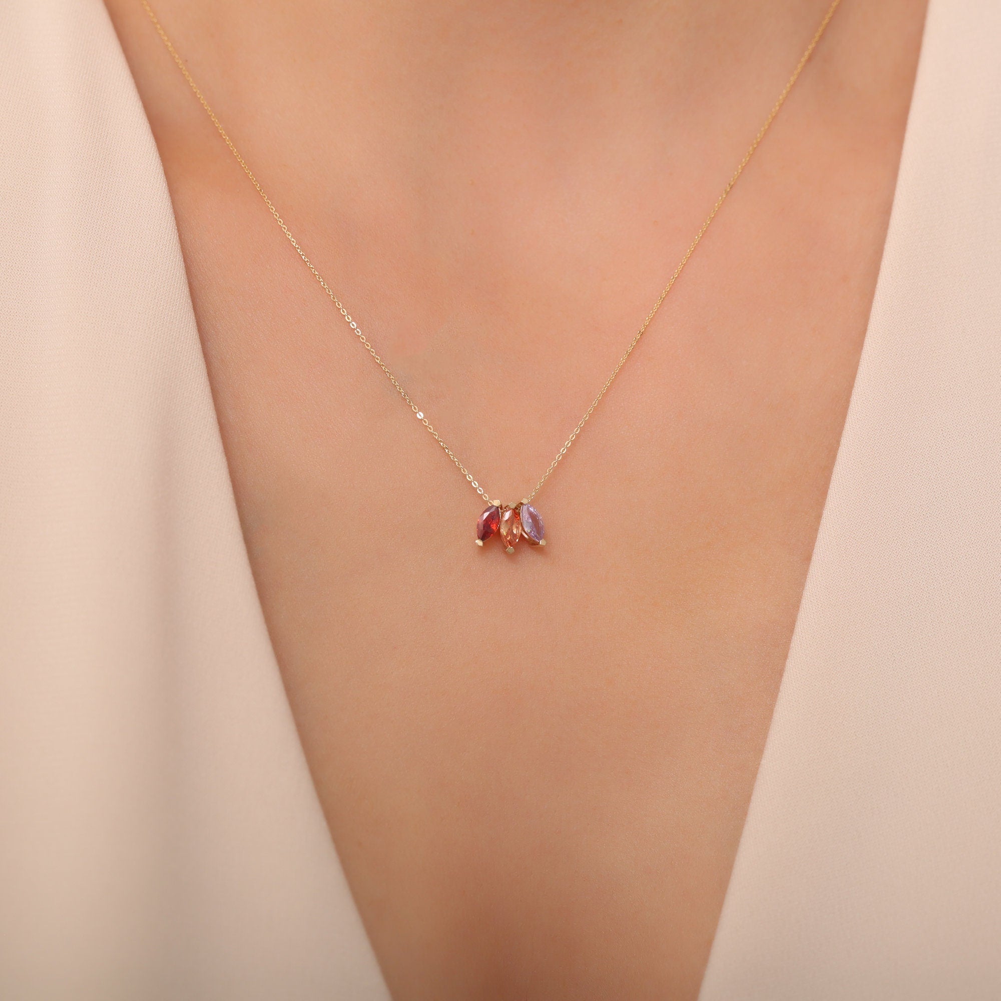 Personalized 14K 10K Solid Gold Marquise Birthstone Necklace