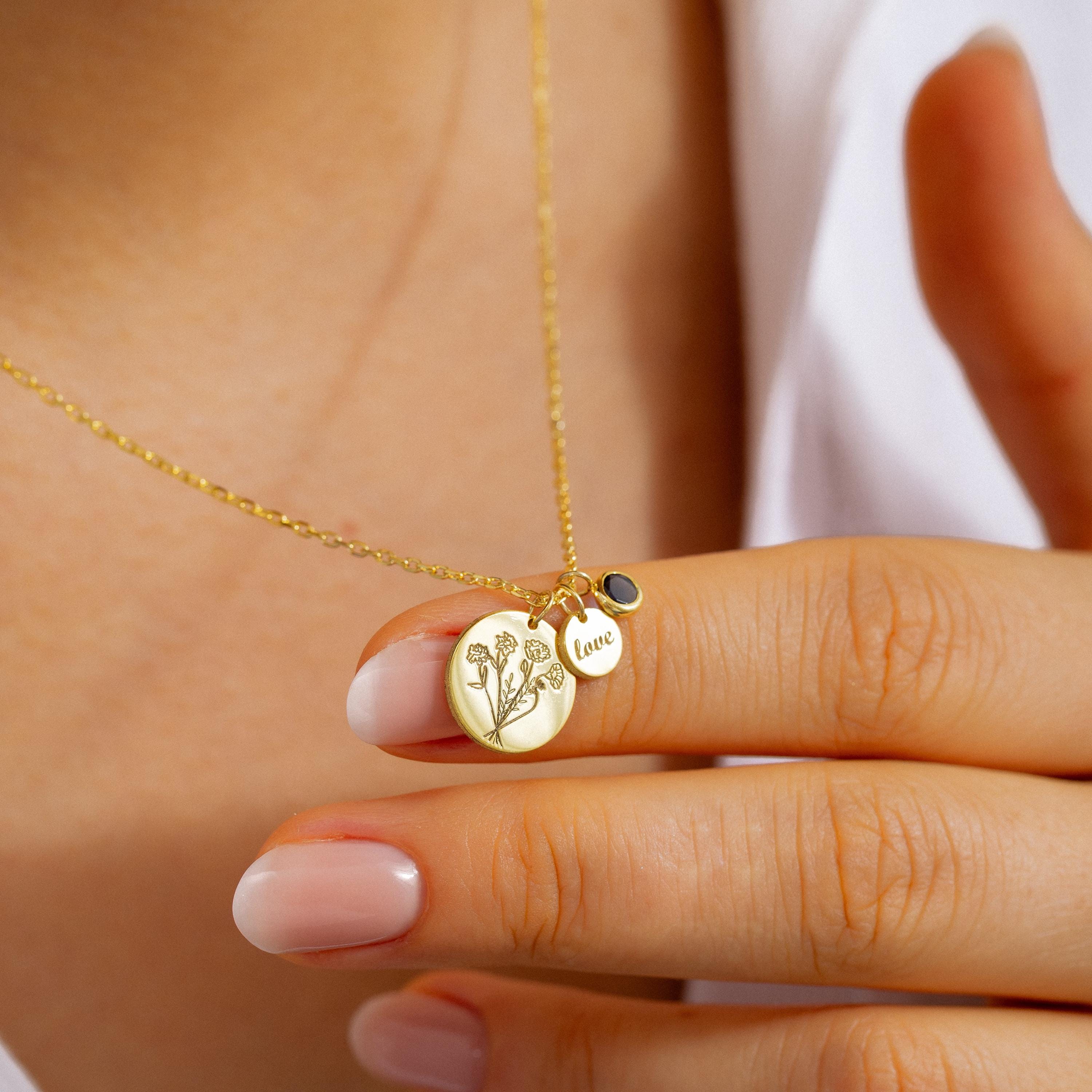 Engraved Bouquet Birthflower Necklace with Name & Birthstone, Love Charm Disc Necklace in 925 Solid Sterling Silver, Gold, Rose Gold