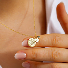 Engraved Bouquet Birthflower Necklace with Name & Birthstone, Love Charm Disc Necklace in 925 Solid Sterling Silver, Gold, Rose Gold