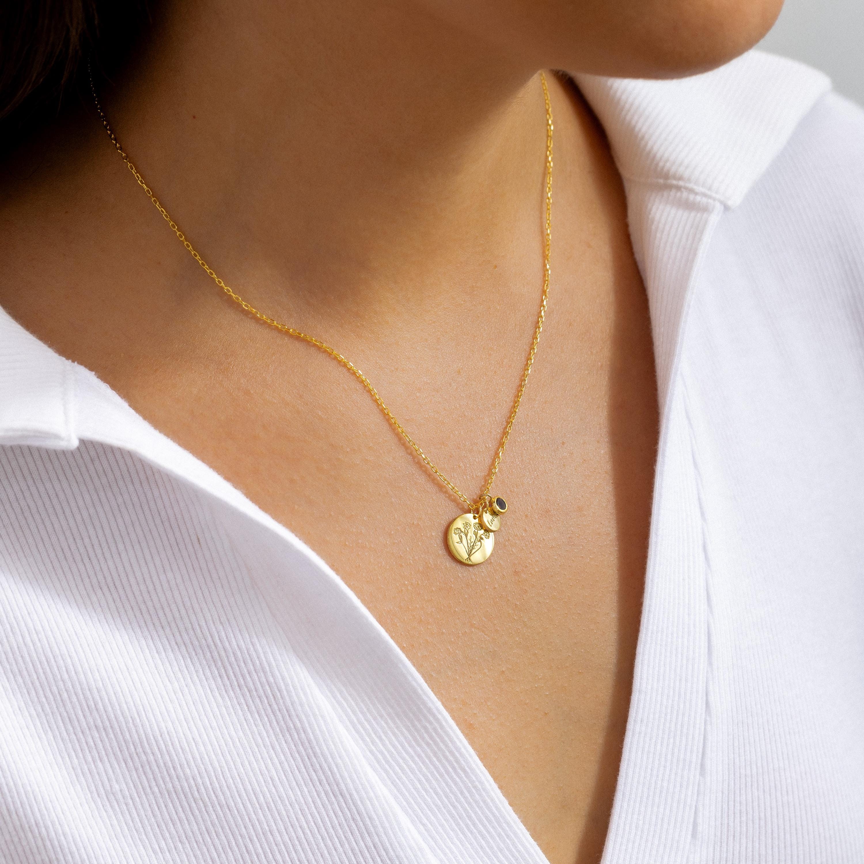Engraved Bouquet Birthflower Necklace with Name & Birthstone, Love Charm Disc Necklace in 925 Solid Sterling Silver, Gold, Rose Gold