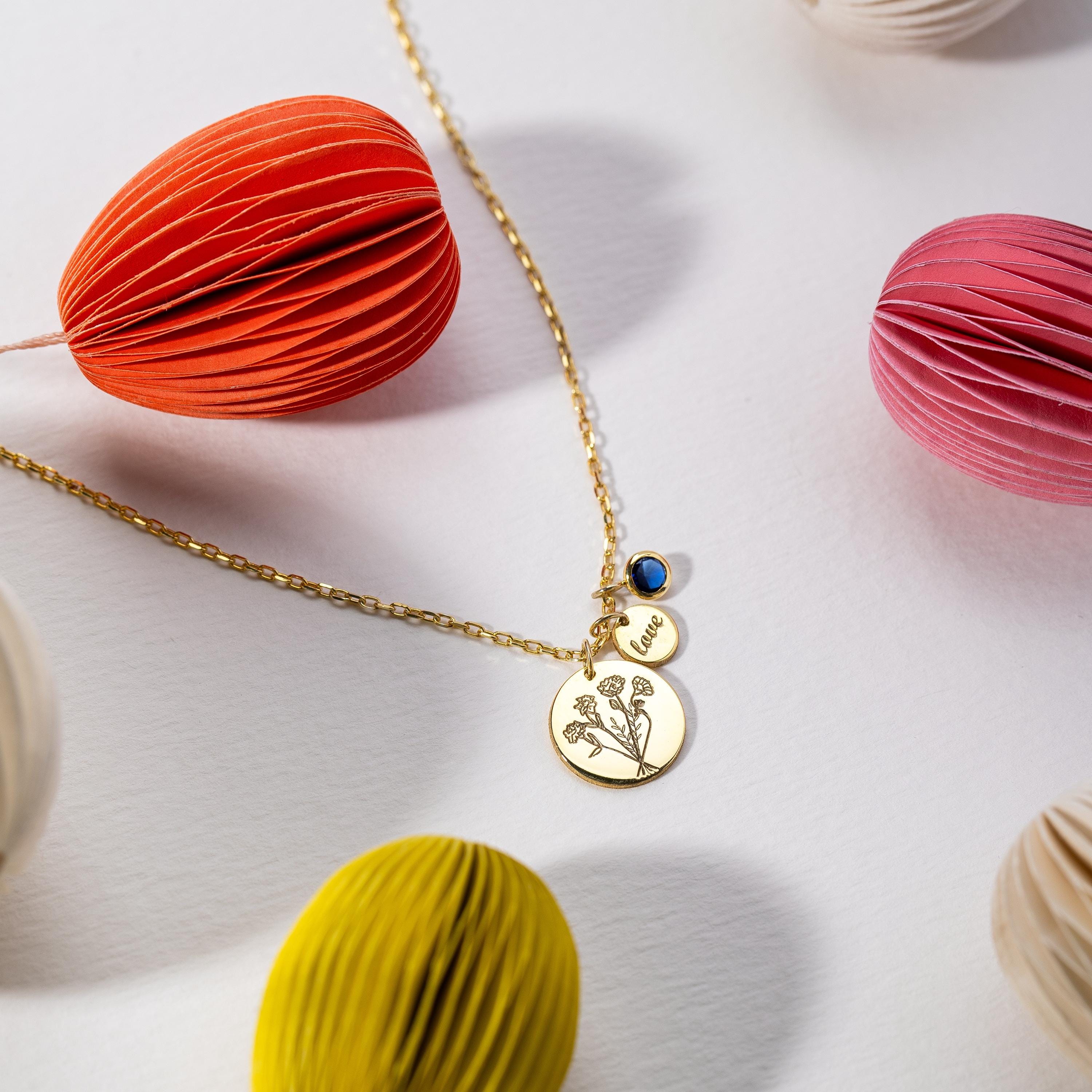 Engraved Bouquet Birthflower Necklace with Name & Birthstone, Love Charm Disc Necklace in 925 Solid Sterling Silver, Gold, Rose Gold