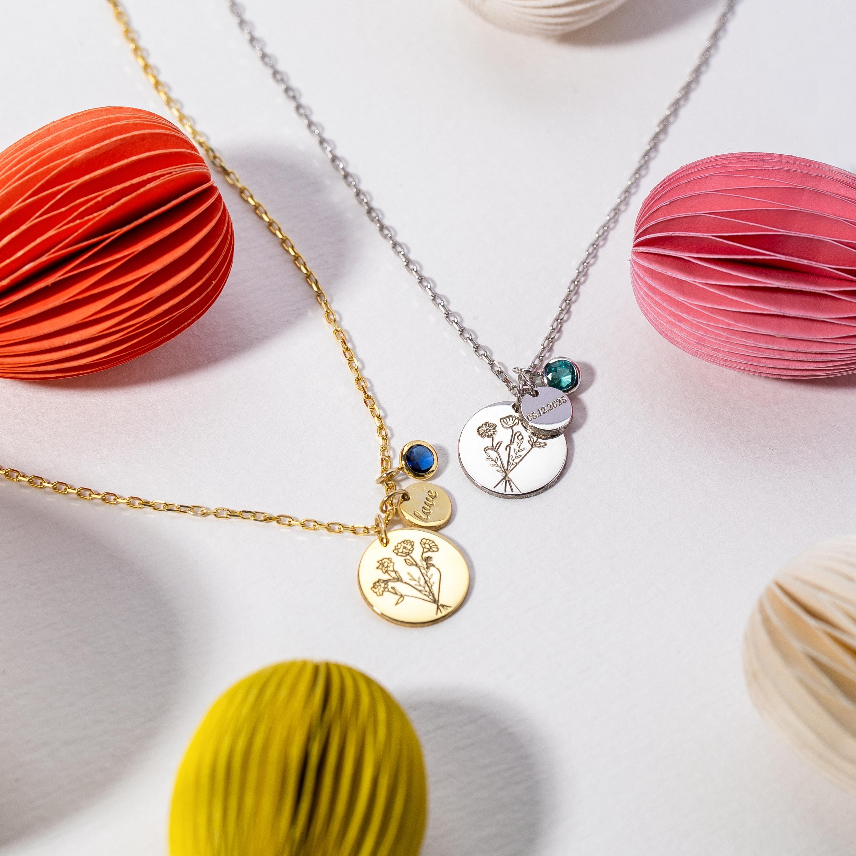 Engraved Bouquet Birthflower Necklace with Name & Birthstone, Love Charm Disc Necklace in 925 Solid Sterling Silver, Gold, Rose Gold