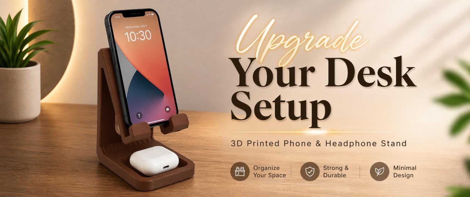 Phone and Headphone Stand, 3D Printed Desk Organizer, Minimalist Phone Holder, Office Desk Setup, Home Office Decor
